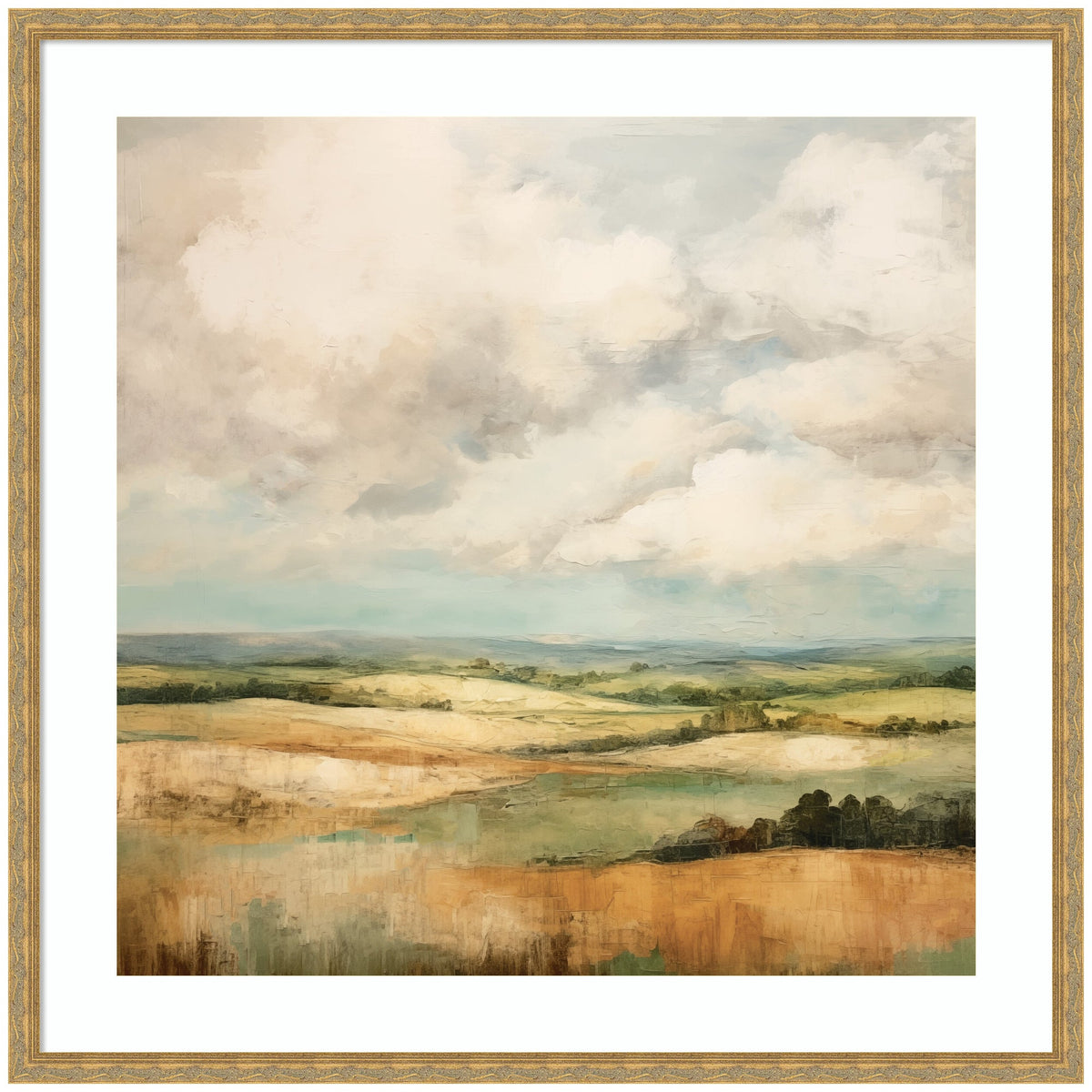 Abstract landscape painting with rolling hills in shades of green, brown, and gold under a large sky filled with soft, textured clouds, framed in light wood.