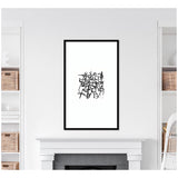 Framed black and white abstract wall art with irregular intersecting organic lines, displayed above a white fireplace mantel in a minimalist living room.