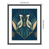 Art Deco style framed print featuring two symmetrical herons in blue, beige, and gold tones with geometric patterns and radiating lines on a dark blue background.