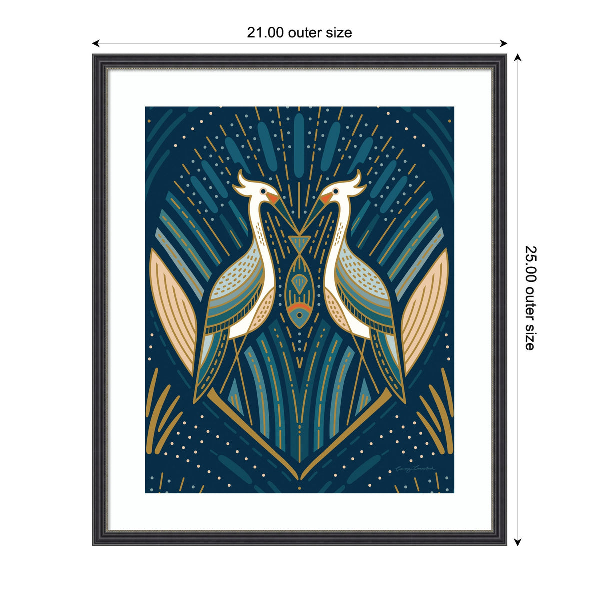 Art Deco style framed print featuring two symmetrical herons in blue, beige, and gold tones with geometric patterns and radiating lines on a dark blue background.