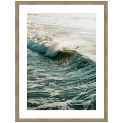 Framed Morning Glow artwork by Alicia Bock with a soft landscape scene in a Woodgrain Stripe Mocha frame.
