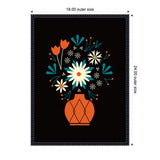 Framed canvas featuring an orange vase with stylized white, orange, and teal flowers on a black background, with decorative frame edges and size annotations.