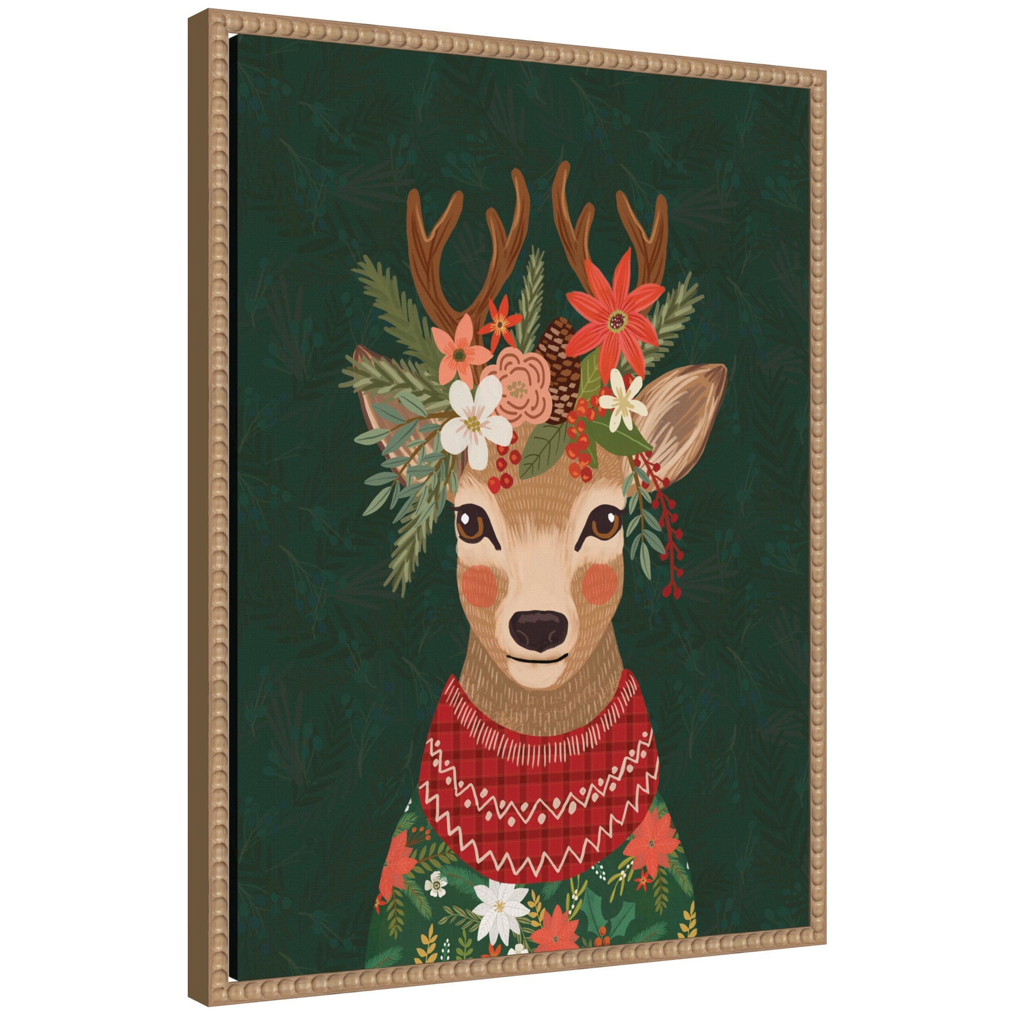 Sylvie Beaded Christmas Deer Framed Canvas showing a deer with bead detailing in a modern white floating frame