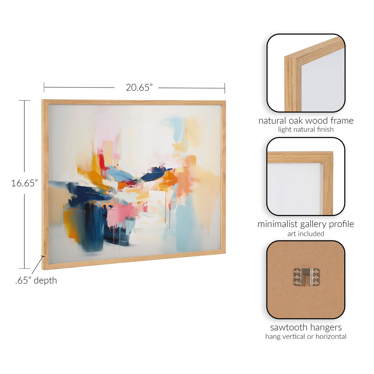 Abstract art print with pastel and bold colors in a natural oak wood frame measuring 20.65 by 16.65 inches, shown with minimalist gallery profile and sawtooth hangers.