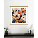 Abstract floral painting with large, soft petals in shades of peach, coral, cream, and blue-green leaves, framed in light wood and displayed above a black shelf.