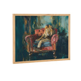 Painting of a majestic lion lounging on a plush red armchair against a dark, moody background with rich emerald and teal tones.