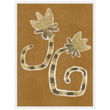 Abstract depiction of two cream and beige striped flowers with curling stems on a warm brown background, framed in white.