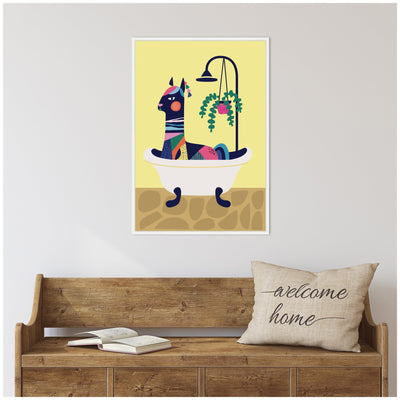 Sylvie Modern Yellow Llama in Bathtub Framed Canvas by Rachel Lee