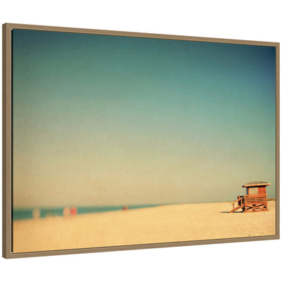 Lido Revisited framed canvas art print by Alicia Bock, showing a coastal scene with muted earthy tones and ocean reflections, set in Sylvie dark gold frame.