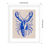 Framed artwork depicting a blue lobster illustration with detailed claws and segmented body on a beige background, sized 23 by 27 inches outer frame.