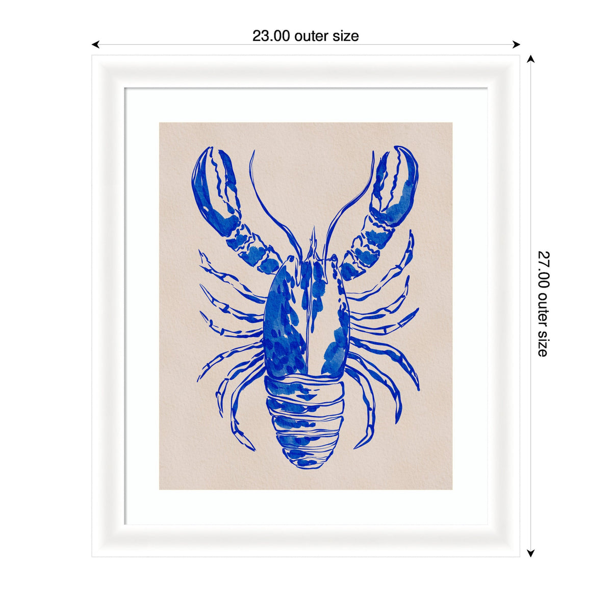 Framed artwork depicting a blue lobster illustration with detailed claws and segmented body on a beige background, sized 23 by 27 inches outer frame.