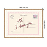 Framed postcard print with scalloped pink border and maroon cursive text reading 'P.S. I love you,' featuring a stylized Paris stamp and postal marks on a cream background.