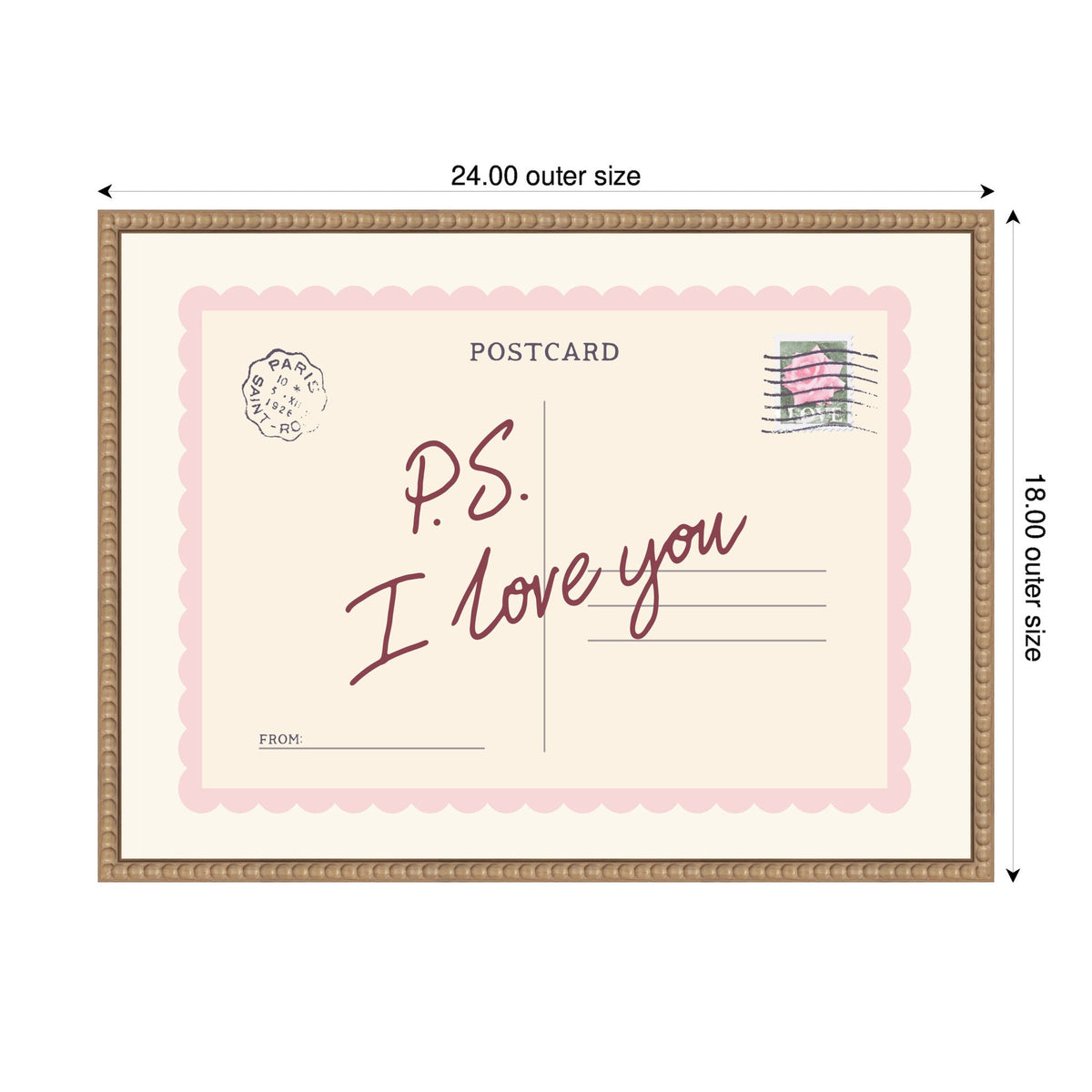 Framed postcard print with scalloped pink border and maroon cursive text reading 'P.S. I love you,' featuring a stylized Paris stamp and postal marks on a cream background.