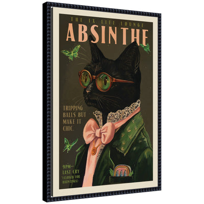 WG Absinthe Kitty framed canvas wall art featuring a whimsical green cat and vintage design by The Whiskey Ginger