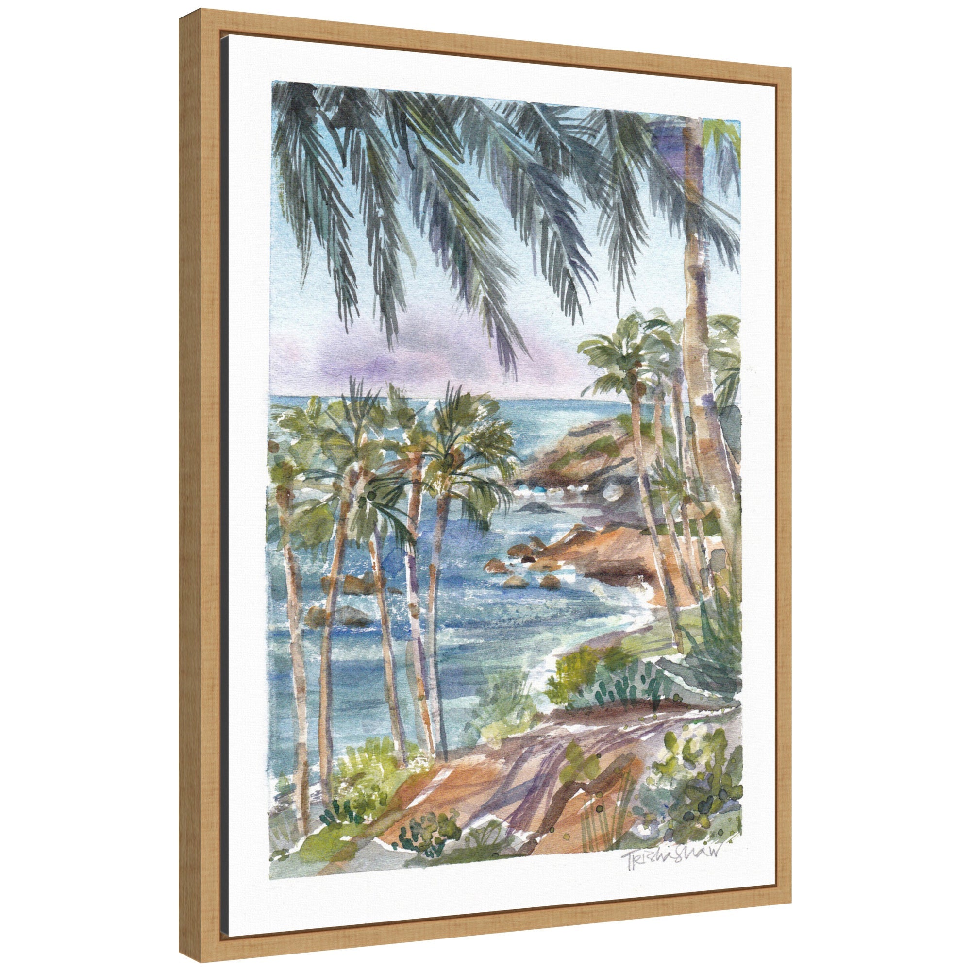 Sylvie Laguna Beach California Scene framed canvas art showing a beach scene with palm trees and shoreline in soft coastal colors