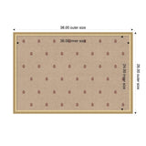 Rectangle pinboard with tan fabric featuring small, repetitive red botanical block prints, framed in light wood with outer dimensions 38 by 26 inches.
