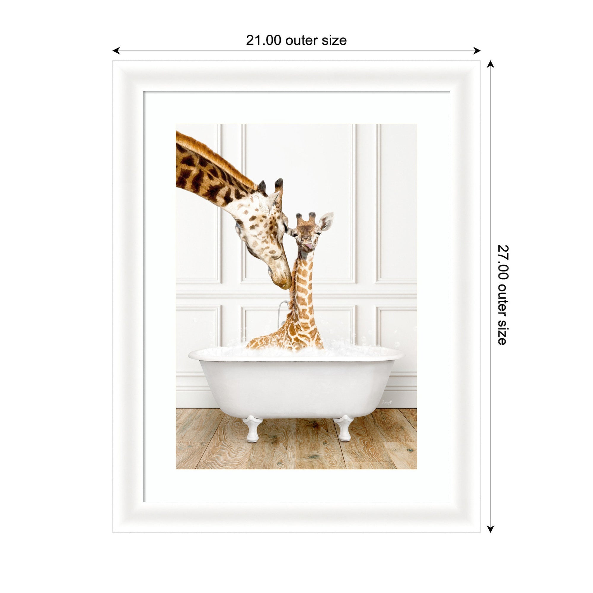 Mother and Baby Giraffe in Traditional Vintage Bathtub by Amy Peterson Framed Wall Art Print