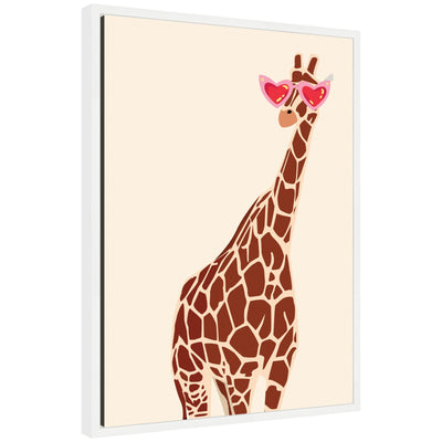 Framed canvas art of Sylvie Giraffe wearing red heart-shaped sunglasses with a pink background