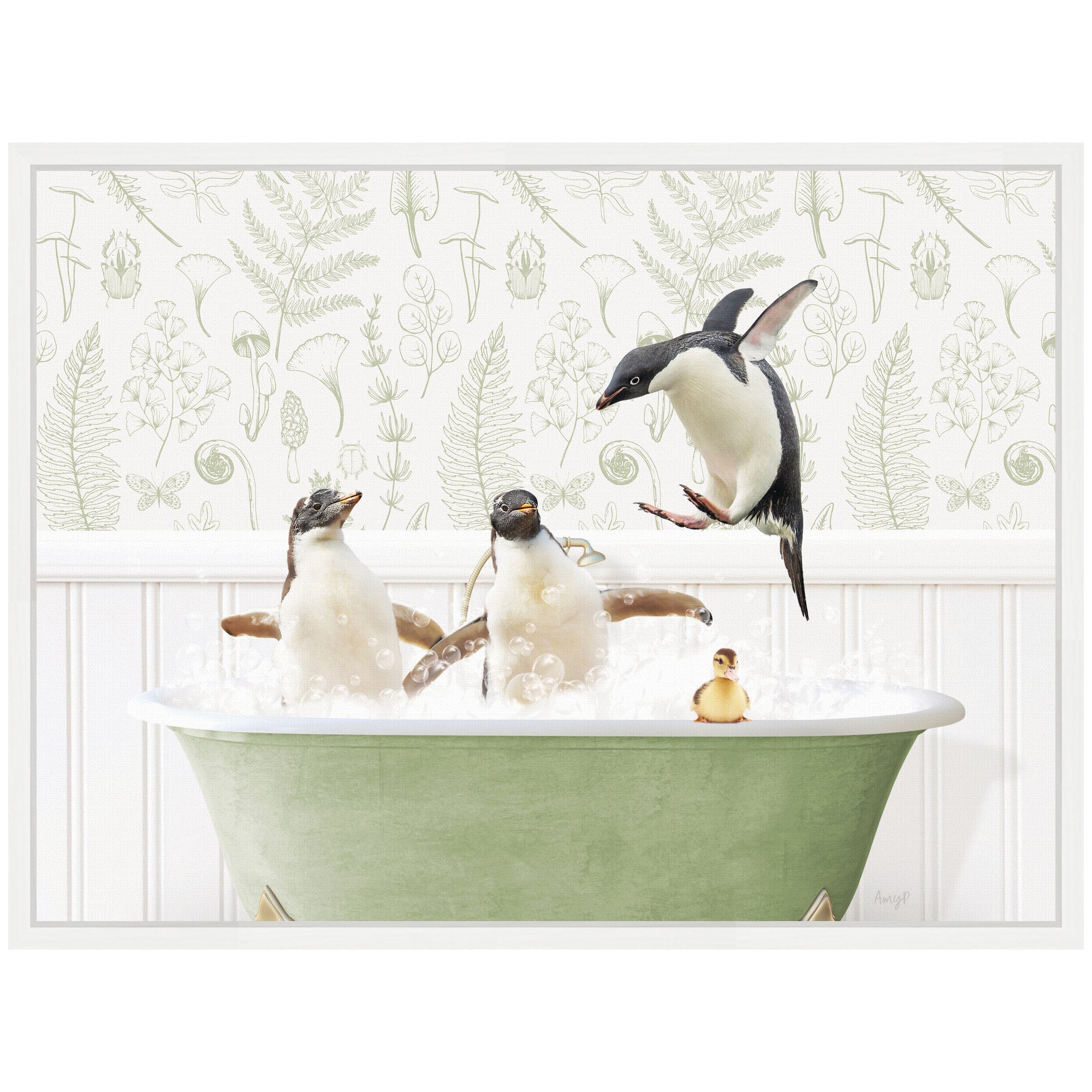 Sylvie Penguins in Fern Bath Framed Canvas by Amy Peterson