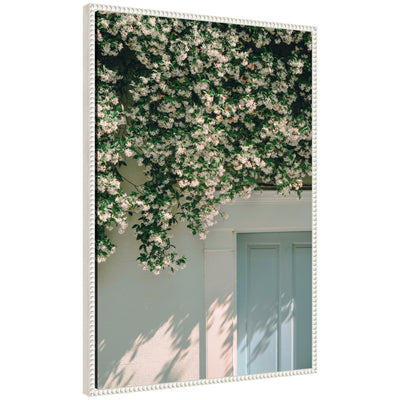 Framed canvas wall art of white jasmine blossoms over a garden wall with a light blue door by Alicia Bock