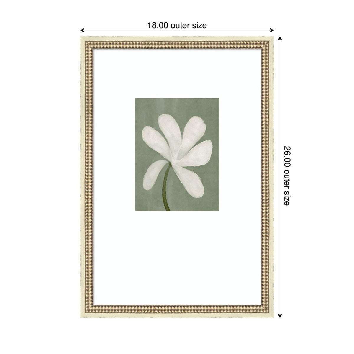 Framed art print of a white abstract floral with seven rounded petals on a muted green background, surrounded by a wide white matte and ornate gold frame, measuring 18x26 inches.