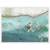 Abstract watercolor painting depicting a rocky shore with soft beige and light green rocks framing turquoise and deep blue water, accented with white highlights.