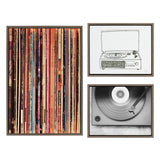 Three framed artworks showing a vertical stack of colorful vinyl record spines, a black-and-white line drawing of a record player, and a close-up black-and-white photo of a spinning vinyl record with a tonearm.