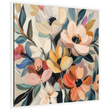Framed abstract floral painting featuring large blossoms in cream, peach, orange, and yellow with dark centers, surrounded by blue and green leaves on a beige background.