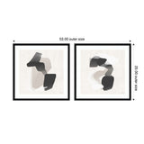 Two framed abstract prints with soft beige backgrounds and flowing black and gray shapes, each measuring approximately 25 by 26.5 inches, side by side