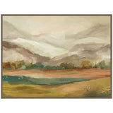 Abstract horizontal landscape painting with soft beige mountains, green and burnt orange foliage, teal water, and muted yellow foreground framed in brown wood.