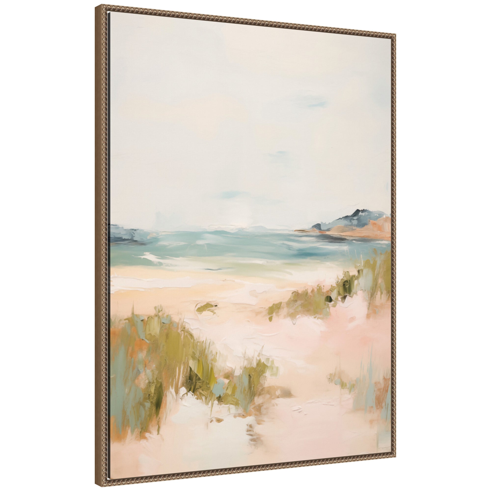 Framed canvas wall art depicting a tranquil beach scene with soft pastel sky, gentle waves meeting sandy shore and greenery in foreground