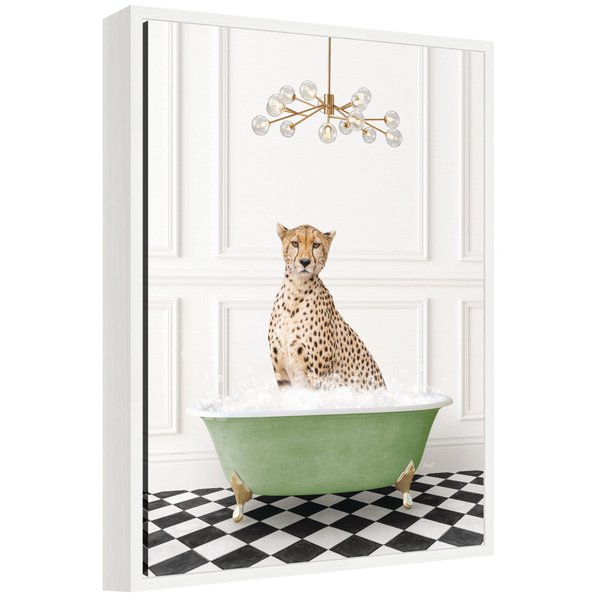 Sylvie Cheetah in Green Bathtub Checker Floor Framed Canvas