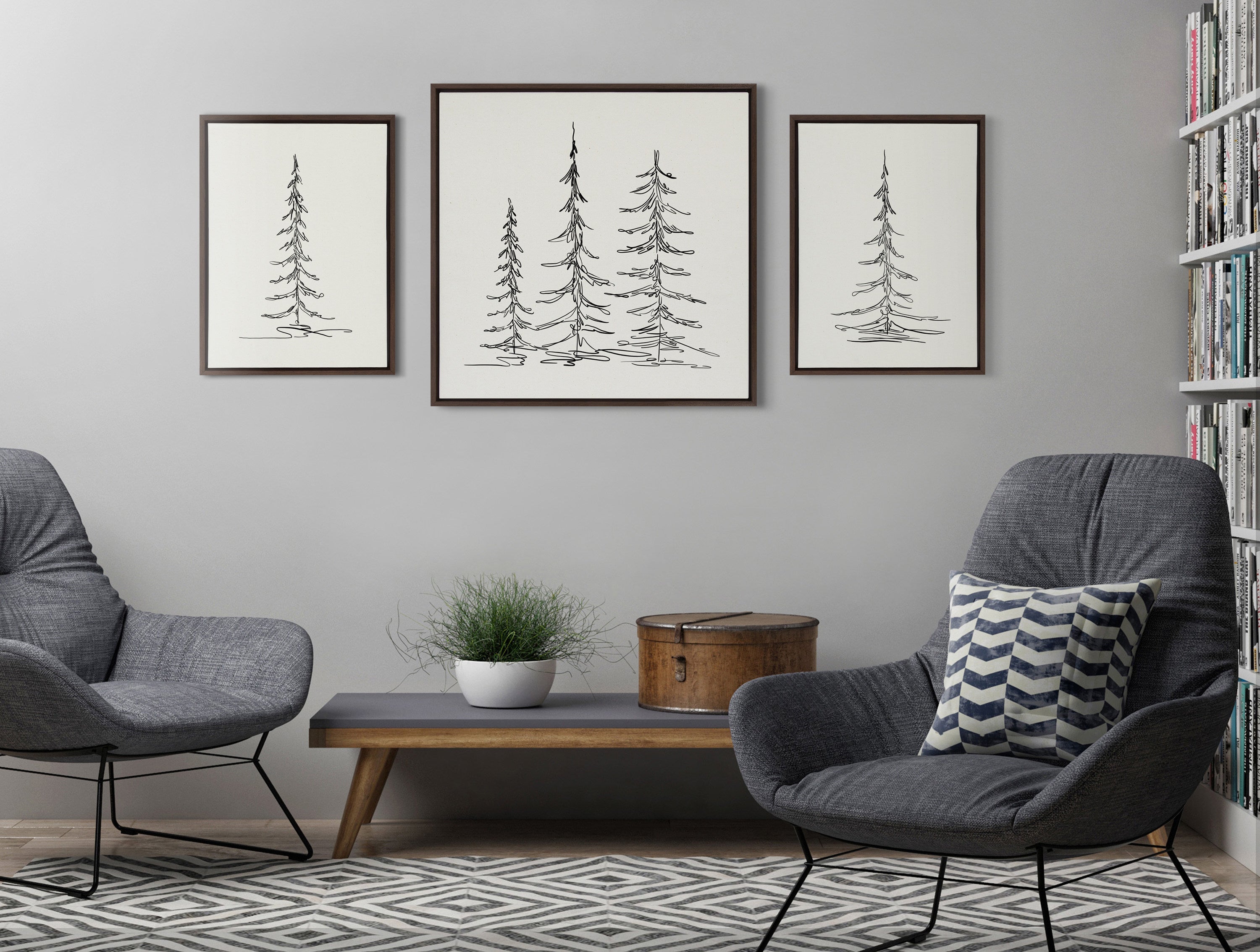 Sylvie Minimalist Evergreen Trees Sketch Framed Canvas Art Set by The Creative Bunch Studio