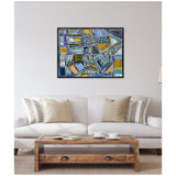Abstract geometric painting with blue, gray, yellow, and black shapes and lines on a horizontal canvas above a beige sofa with neutral pillows in a living room setting.