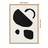 Abstract black shapes arranged on a white background with a natural wood frame, featuring organic and geometric forms in varying sizes and curves.