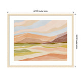 Abstract landscape painting with flowing horizontal bands in soft pastel peach, green, and blue tones framed in light wood, measuring 42 by 34 inches.