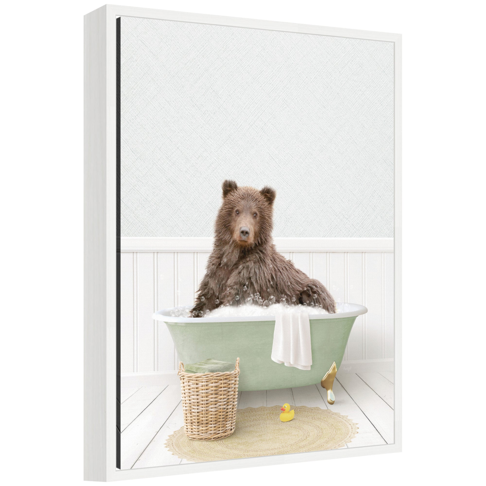 Framed canvas art titled Sylvie Bear in Cottage Green Bath, featuring an animal illustration with green and blue tones in a modern floating frame.