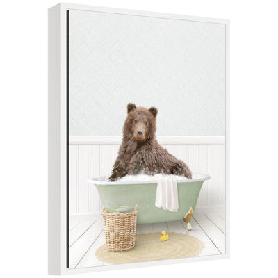 Framed canvas art titled Sylvie Bear in Cottage Green Bath, featuring an animal illustration with green and blue tones in a modern floating frame.