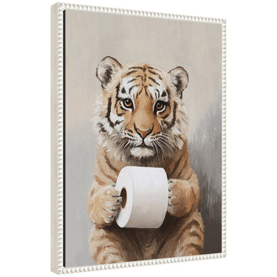 Framed canvas art showing a tiger cub holding a toilet paper roll by The Creative Bunch Studio