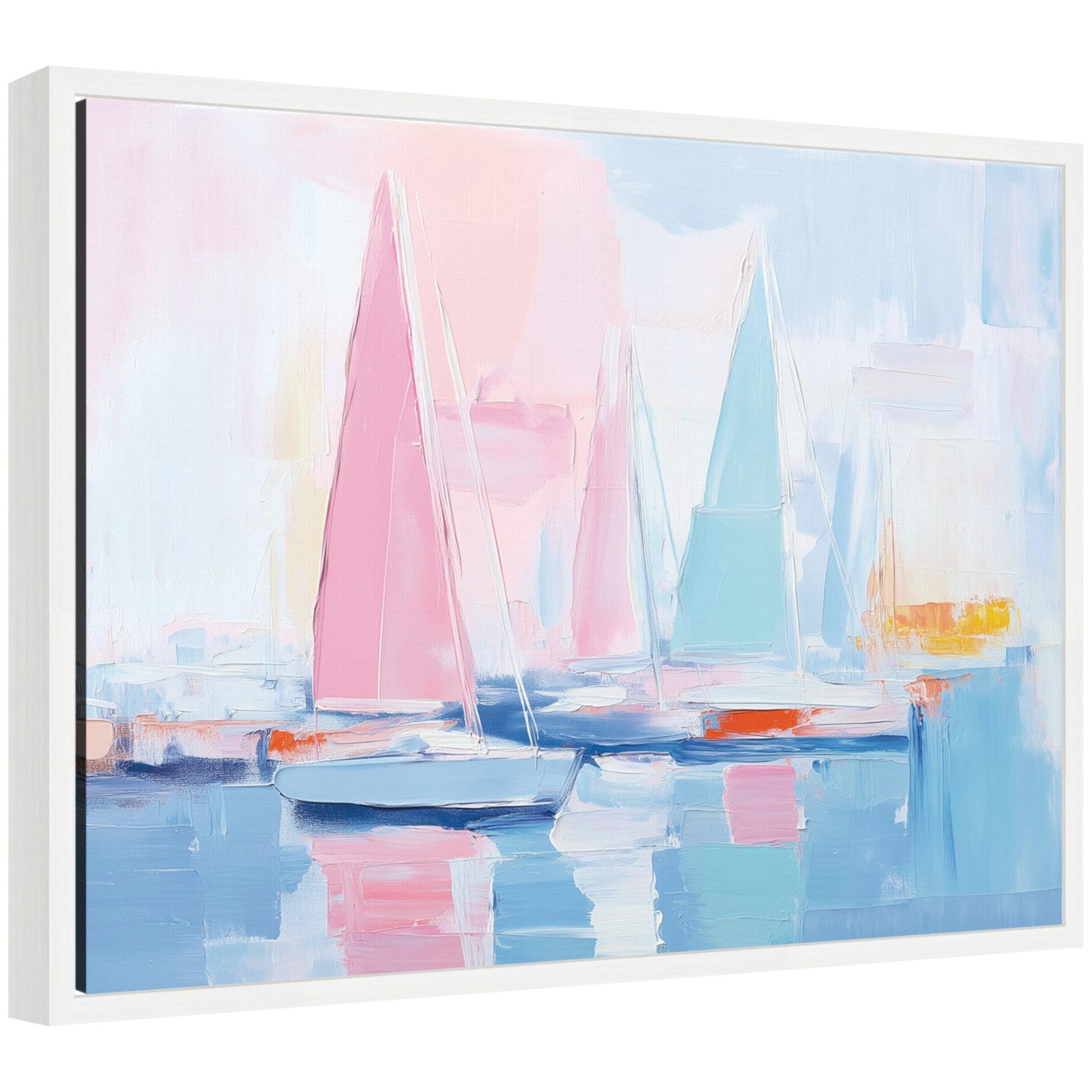 Framed canvas art titled Sylvie Abstract Sailboat Harbor Landscape showing abstract sailboats in pastel shades with vivid color accents