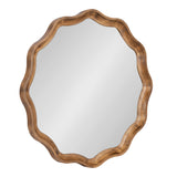 Round mirror with a scalloped edge frame made of warm-toned wood, featuring smooth curves and a natural finish