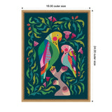 Colorful stylized budgies perched on a branch surrounded by green leaves and pink flowers on a dark teal background within a wooden frame.
