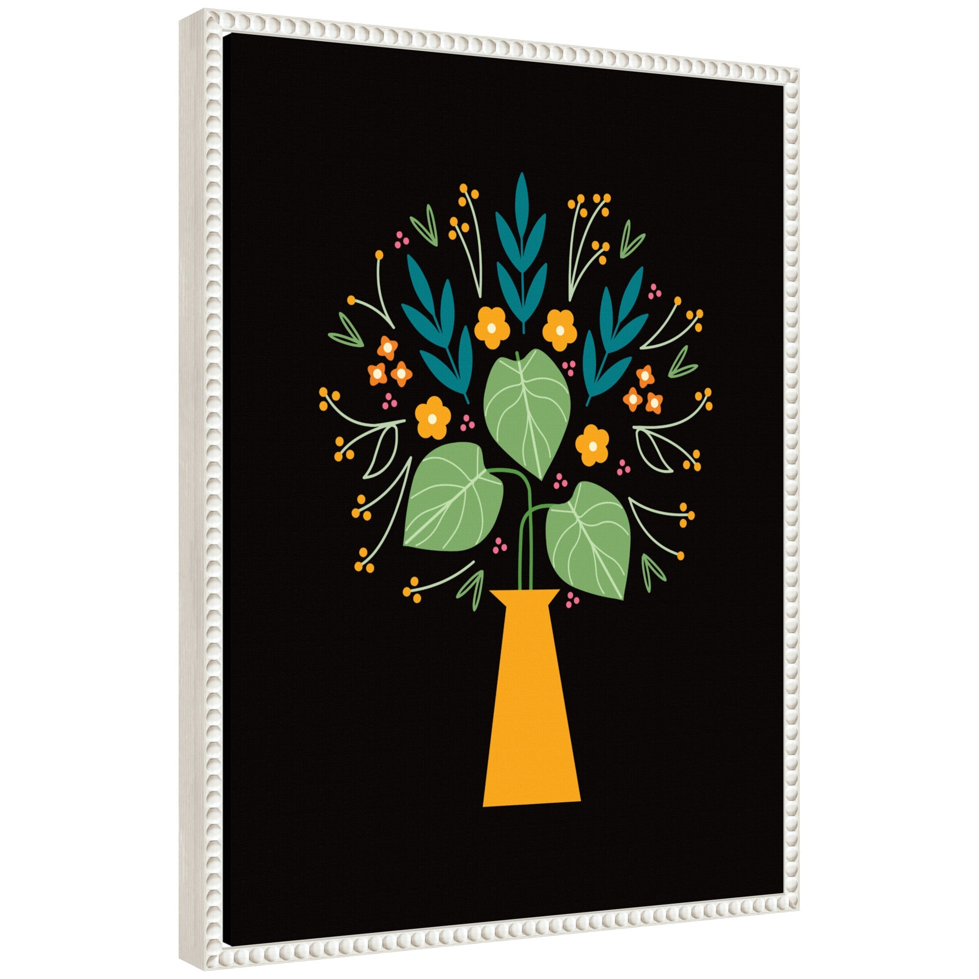 Sylvie Floral Yellow Vase abstract art framed canvas showing yellow flowers in a vase with vintage beaded frame variant