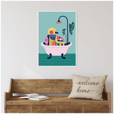 Sylvie Modern Teal Little Duckie in Bathtub Framed Canvas by Rachel Lee