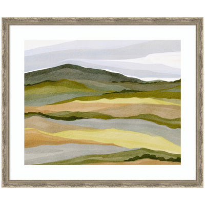 Framed Art Gentle Wilderness by Nikita Jariwala showing abstract watercolor landscape in earth tones with Mila Dark Silver frame
