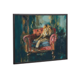 Painting of a lion lounging on a red tufted armchair set against a dark green and teal abstract background, framed in black.