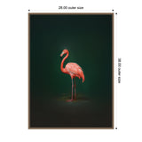 Pink flamingo standing on one leg against a deep green background with subtle gradient, framed by a thin, light-colored border with decorative pattern.