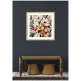 Framed abstract floral painting with large pastel blooms in pink, orange, and cream hues, hanging on a dark gray wall above a turned wood bench and two woven baskets.