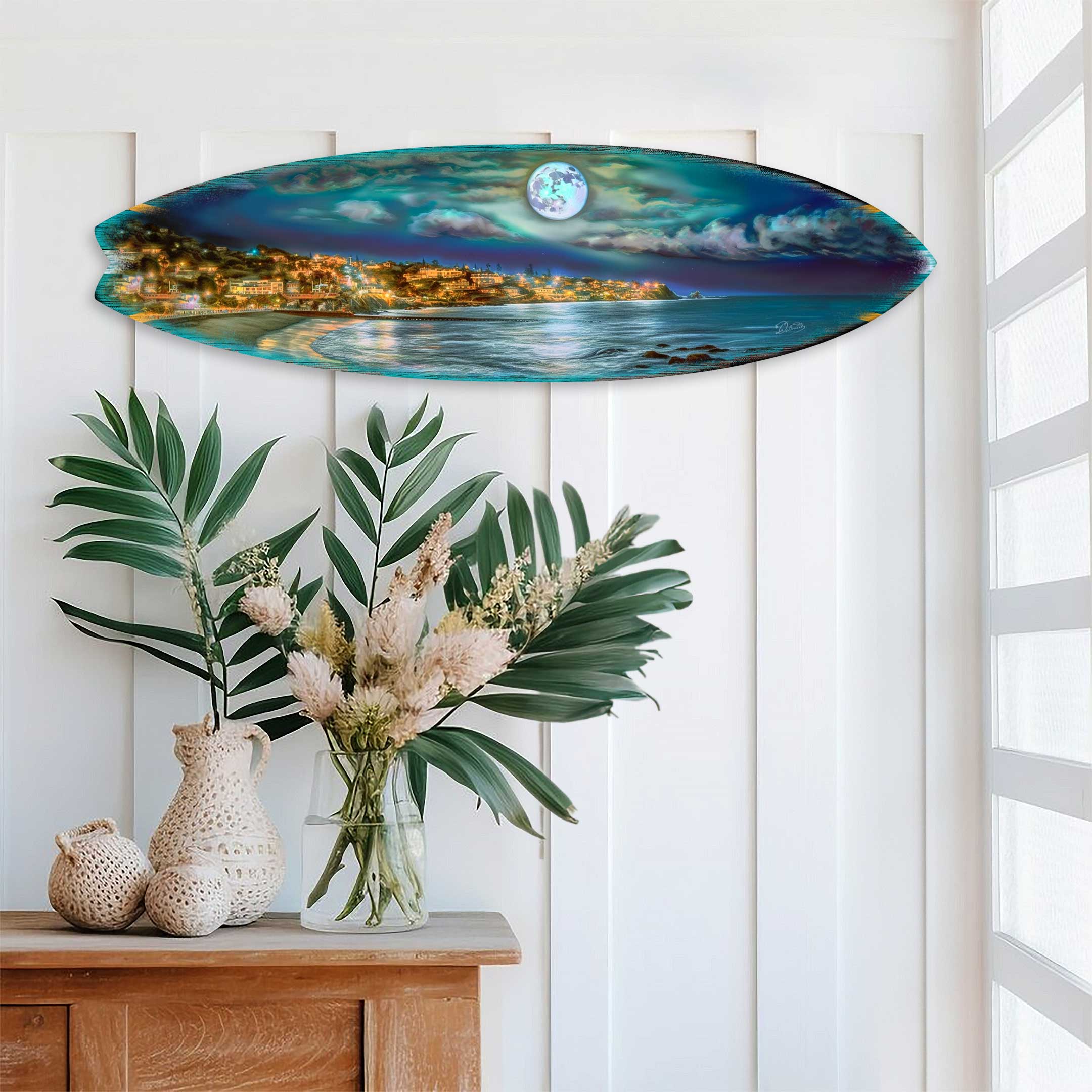 Surfboard Coastal Wall Art - Full Moon Night Wall Art by G. DeBrekht