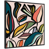 Abstract framed canvas print featuring stylized leaves in bold black outlines with teal, mustard, coral, and green hues on a pale pink background.